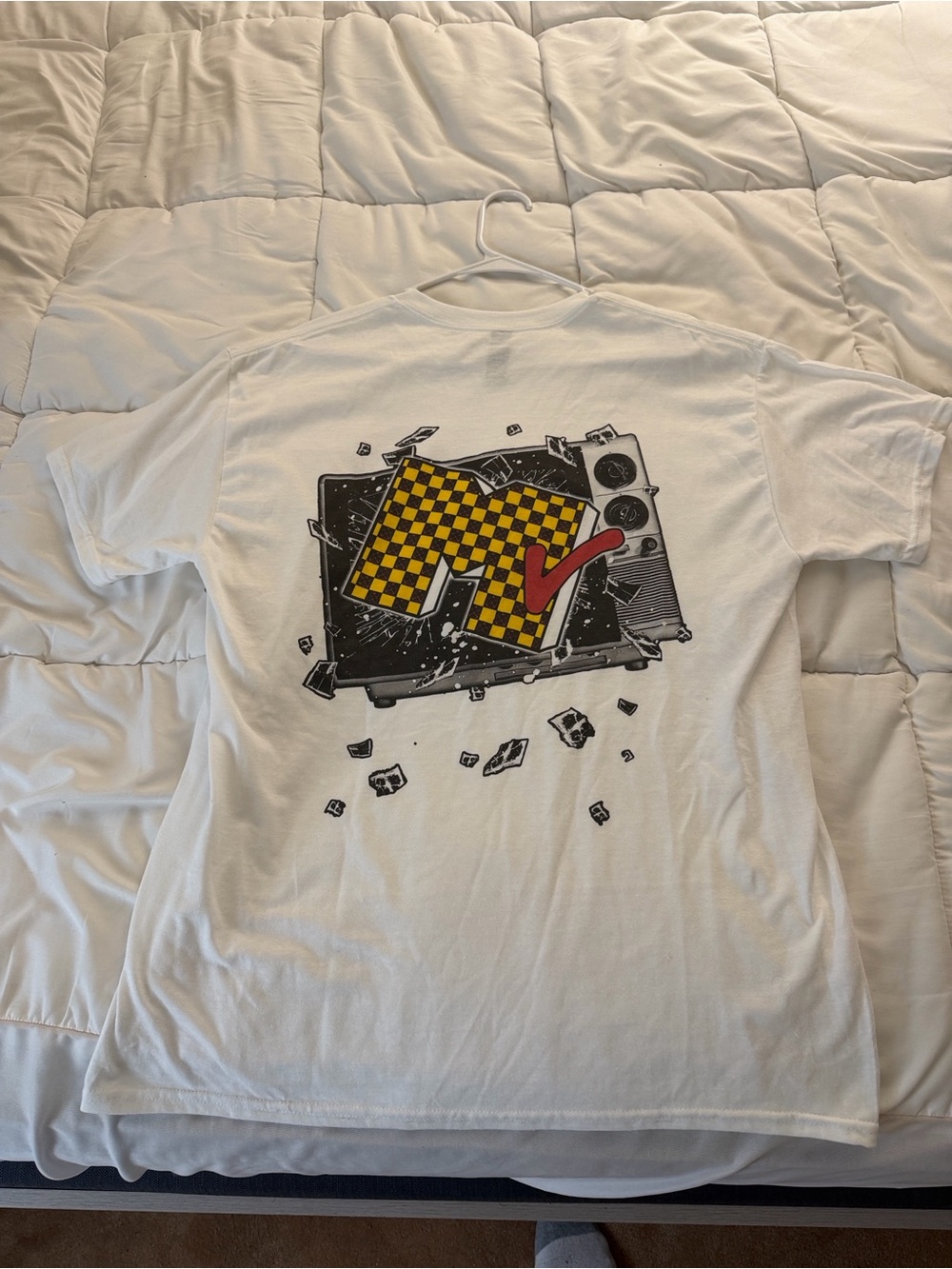 Gildan White Tee with Yellow Checker MTV-Style Graphic